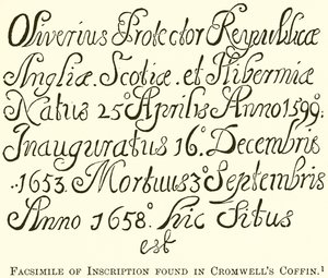 Faksimile nápisu nalezená v Cromwells Coffin od English School