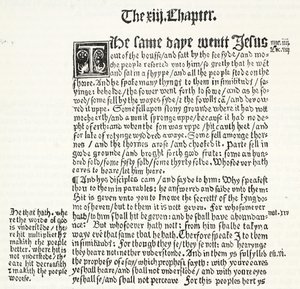 Faksimile evangelia svatého Matouše, kapitola XIII, verše 1-15, z Tyndales Testament, ilustrace z Historie protestantismu od Jamese Aitkena Wylie (1808-1890), pub. 1878 od English School