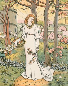 Fair Emelye sbírá květiny. "Fairness of the Lady, že vidím Yonde v gardyn romynge sem a tam" od English School