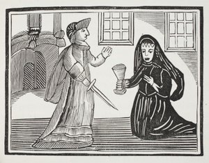 Fair Rosamond je otrávena královnou Eleanor, ilustrace z Chap-books of the Eighteenth Century od Johna Ashtona, hospoda. 1882 od English School
