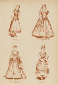 Oblečení pro maškarní: Alsasanka, Amy Robsartová, Anna Boleynová, Vzduch (litografie). od English School