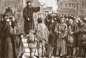 Farel kázání na trhu v Neuchatel, ilustrace z Historie protestantismu od Jamese Aitkena Wylie (1808-1890), hospoda. 1878 od English School