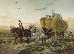 Farmáři vracející se z polí s vozem sena