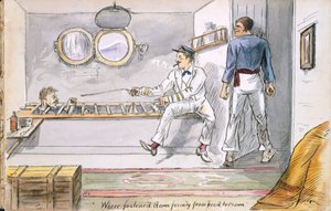 Pevně připevněný od hlavy ke koruně... - Reverend dostává námořní léčbu na mořskou nemoc z Ye Pilgrimage of ye Revnd. Simpleheart, Dobrodružství naivního misionáře v jižních mořích, od English School