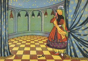 Fatima odhaluje tajemství Modrovousova zamčeného pokoje (barevná litografie) od English School