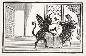 Faust varoval Duchem, aby očekával svůj konec, ilustrace z Kapitálových knih osmnáctého století od Johna Ashtona, hospoda. 1882 od English School