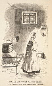 Odsouzenkyně v plátěných šatech (pod trestem za roztržení šatů), ilustrace z knihy The Criminal Prisons of London and Scenes from Prison Life od Henryho Mayhewa a Johna Binnyho, vyd. 1862 (engra od English School