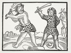 Ferragus pozvedá mocnou armádu a obléhá město Acquitain, ilustrace z Chap-books of the Eighteenth Century od Johna Ashtona, hospoda. 1882 od English School