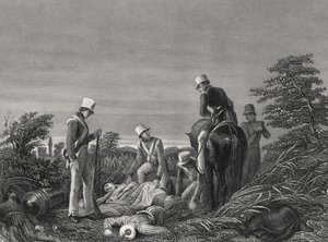Hledání barev 24. pluku po bitvě u Chillianwallah, kolem roku 1850 (rytina) od English School