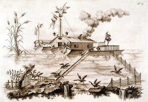Rybaření s kormorány pomocí vodního člunu a oplocené ohrady, ilustrace z „Pojednání o japonštině a lakování...“ od George Parkera a Johna Stalkera, vydáno 1688 (litho) od English School