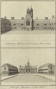 Fishmongers Almshouses, Newington Butts a Bancrofts Almshouses, Bow Road, Londýn od English School