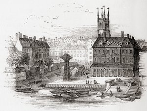 Fleet Ditch, Londýn, Anglie v roce 1749 v místě, kde se v Bridewellu vběhla do Temže, ze staré Anglie: A Pictorial Museum, pub. 1847 od English School