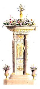 Stojan na květiny, deska 125 z Ackermannova „Repozitáře umění, literatury, obchodu, výroby, módy a politiky“, vydaného roku 1822 (barevně lito) od English School