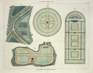 Čtyři plány pro kuchyňské zahrady, z Tipy na formování zahrad a rekreačních areálů od Johna Claudia Loudona (1783-1843), publikované 1812 od English School