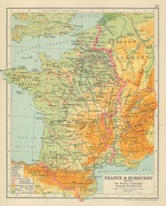 Francie a Burgundsko s vyobrazením feudálních panství kolem roku 1032 (barevná litografie) od English School