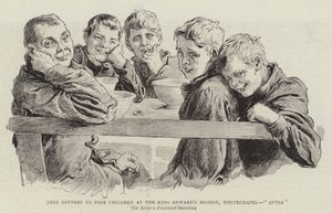 Večeře pro chudé děti zdarma v misi krále Edwarda, Whitechapel, "po" (rytina) od English School