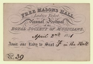 Free Masons Hall, dámská vstupenka, výroční festival, Royal Society of Musicians, 2. dubna 1841 od English School
