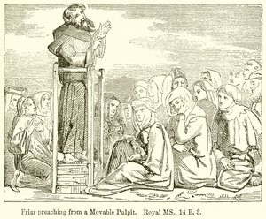 Mnich káže z pohyblivé kazatelny. Royal MS., 14 E. 3 od English School