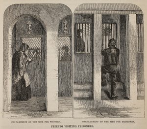 Přátelé navštěvující vězně, ilustrace z knihy The Criminal Prisons of London and Scenes from Prison Life od Henryho Mayhewa a Johna Binnyho, vyd. 1862 od English School