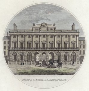 Přední část The Royal Academy, Strand, Londýn (barevná rytina) od English School