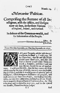 Přední strana, od Mercurius Politicus, na obranu Commonwealthu a pro informace lidu, 1650 od English School