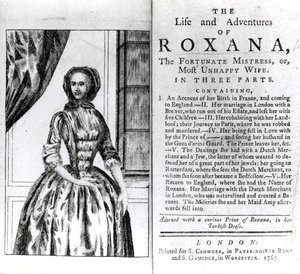 Frontispis a titulní strana pro The Life and Adventures of Roxana od Daniela Defoe, vydáno 1765 od English School