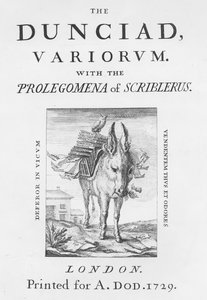 Frontispis a titulní list knihy The Dunciad Variorum od Alexandra Popea, 1729 od English School