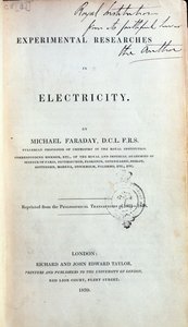 Frontispis for Experimental Researches in Electricity od Michaela Faradaye (1791-1867) vydaný v roce 1839 od English School