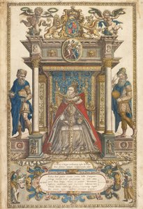 Frontispis Atlasu zemí Anglie a Walesu od Christophera Saxona, Londýn 1579 (ručně kolorovaná rytina) od English School