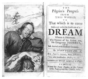 Frontispis knihy Pokrok poutníků od Johna Bunyana (1628-88), vydáno v roce 1680 od English School