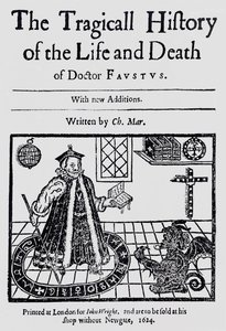 Frontispis Tragické historie života a smrti doktora Fausta od Christophera Marklina, kolem roku 1616 od English School