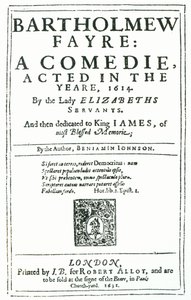 Frontispis k Bartholomew Fayre: A Comedie od Benjamina Jonsona (15723-1637) 1631 od English School