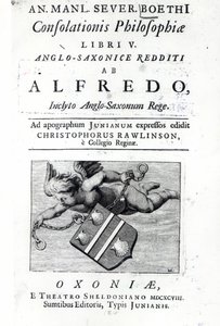 Frontispis k překladu Alfréda Velikého od Christophera Rawlinse, vydání Boethia De Consolationis Philosophiae, 1698 (tisk) od English School