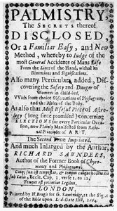 Frontispis k věštění z ruky, jejich tajemství odhalená Richardem Saundersem, 1664 od English School