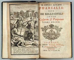 Frontispis do Pharsalia aneb Občanská válka mezi Caesarem a Pompeiem od Marcus Annaeus Lucan (AD 39-65), rytý J. Cole, 1719 od English School