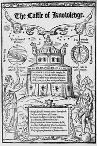 Frontispis knihy Zámek poznání od Roberta Recorda, 1556 od English School