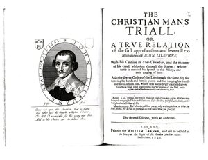 Frontispis k The Christian Mans Trial od Johna Lilburnea (asi 1614-57) 1641 od English School