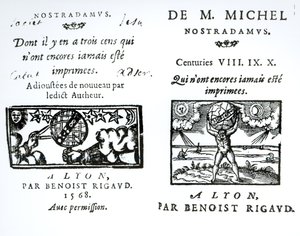 Frontispis k Proroctvím M. Michela Nostradama, hospoda. Benoist Rigaud, 1568 od English School