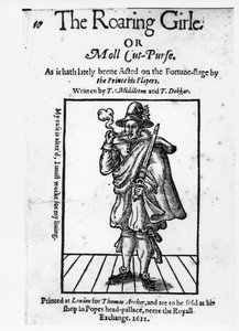 Frontispis k The Roaring Girle nebo Moll Cut-Purse od Thomase Middletona (1580-1627) a Thomase Dekkera (asi 1570-1632) 1611 od English School