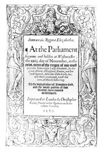 Frontispis k účtu parlamentu královny Alžběty, který se konal mezi 23. listopadem 1584 a 24. březnem 1585, tiskl Christopher Barker, 1585 od English School