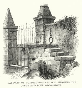 Gateway of Duddingston Church, zobrazující Jougs a Louping-on-Stone (rytina) od English School