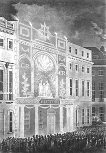 Shromáždění na Portman Square, aby sledovali iluminaci pro mír mezi Británií a Francií, 1806 od English School