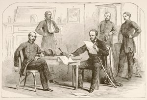 Generál Joseph Eggleston Johnston vzdává armádu do Tennessee generálu Williamu Tecumseh Shermanovi (litho) od English School