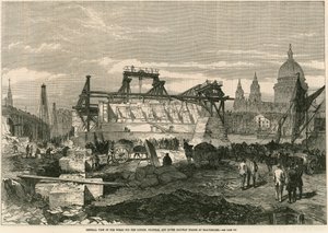 Celkový pohled na práce pro London, Chatham a Dover Railway Bridge v Blackfriars, Londýn od English School
