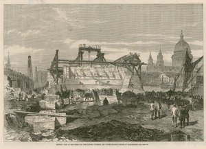 Celkový pohled na práce na železničním mostě Londýn, Chatham a Dover v Blackfriars od English School