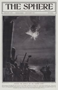 Německá vzducholoď Zeppelin sestřelená v plamenech u pobřeží Norfolku, první světová válka, 28. listopadu 1916 (litho) od English School