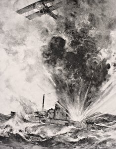 Německá ponorka bombardována a potopena 26. srpna 1915, z „The War Illustrated Album deLuxe“ vydaného Londýn 1916 (litho) od English School