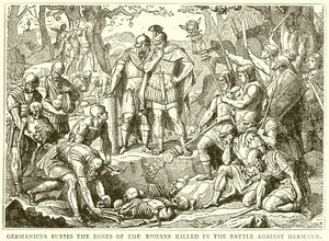Germanicus pohřbívá kosti Římanů zabitých v bitvě proti Hermannovi od English School