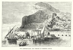 Gibraltar: Místo přistání a pozůstatky maurského hradu (rytina) od English School