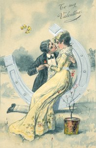 Dívka a chlapec, chystající se políbit, sedí na velké podkově (barva litho) od English School